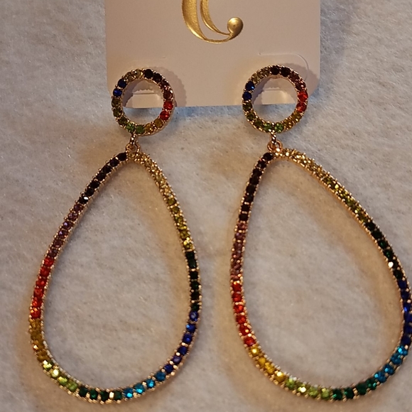 NWT. LG Multi-Colored Rhinestone Teardrop Hoops - Picture 2 of 3